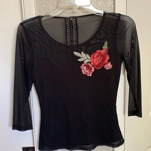 Sheer Black Top With Rose Embroidery